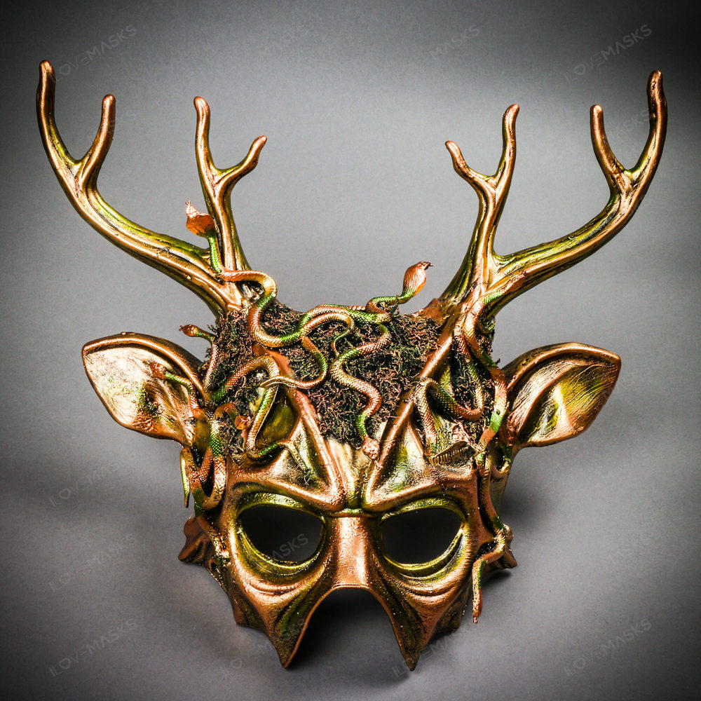Antler Deer Horn Devil Woodland Medusa Snake Halloween Masquerade Mask - Gold